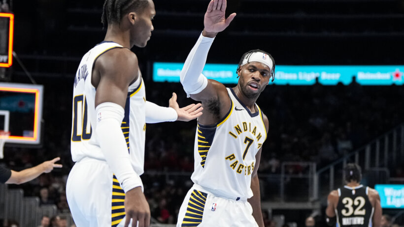 Indiana Pacers guards Buddy Hield and Bennedict Mathurin on the court