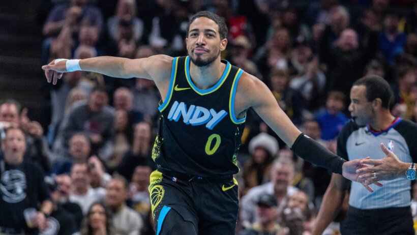 Indiana Pacers guard Tyrese Haliburton celebrates a made basket
