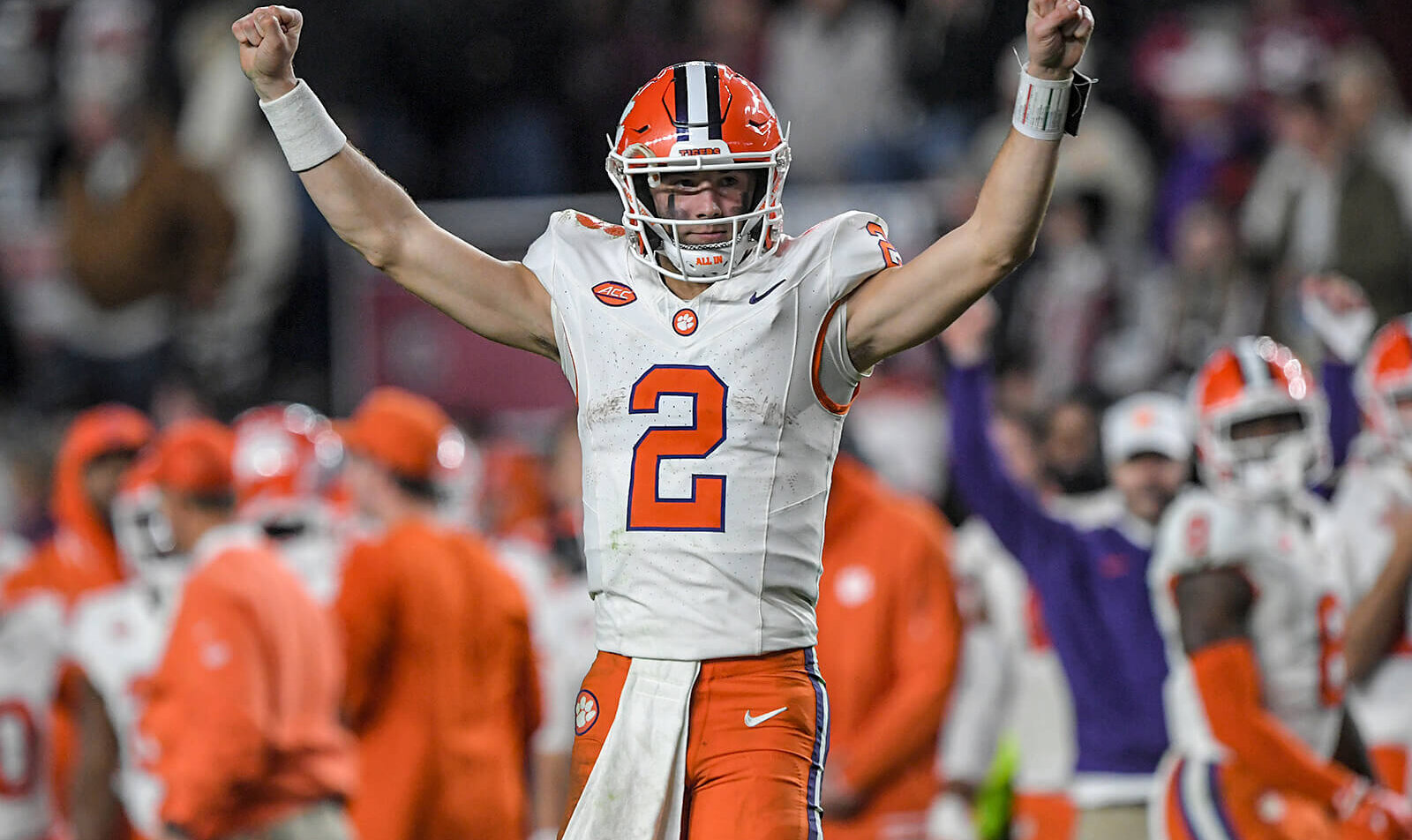 Clemson Tigers quarterback Cade Klubnik celebrates a touchdown