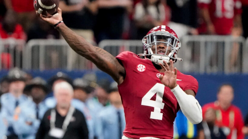 Alabama Crimson Tide quarterback Jalen Milroe throws the football