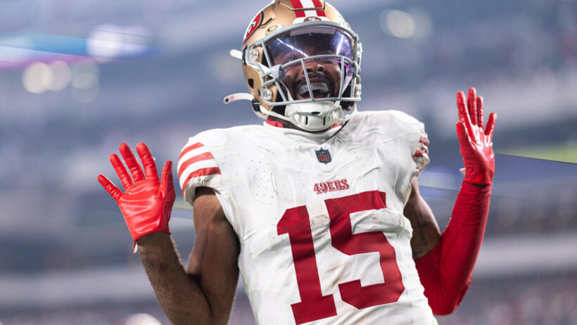 San Francisco 49ers wide receiver Jauan Jennings (15) reacts after scoring a touchdown against the Philadelphia Eagles