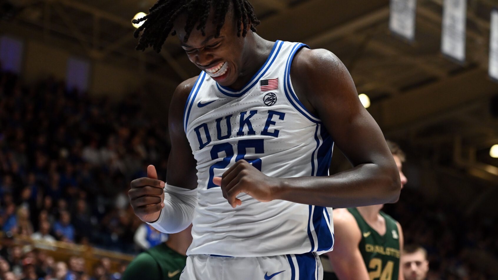 Duke Blue Devils forward Mark Mitchell reacting after a miss