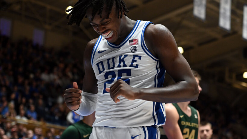 Duke Blue Devils forward Mark Mitchell reacting after a miss
