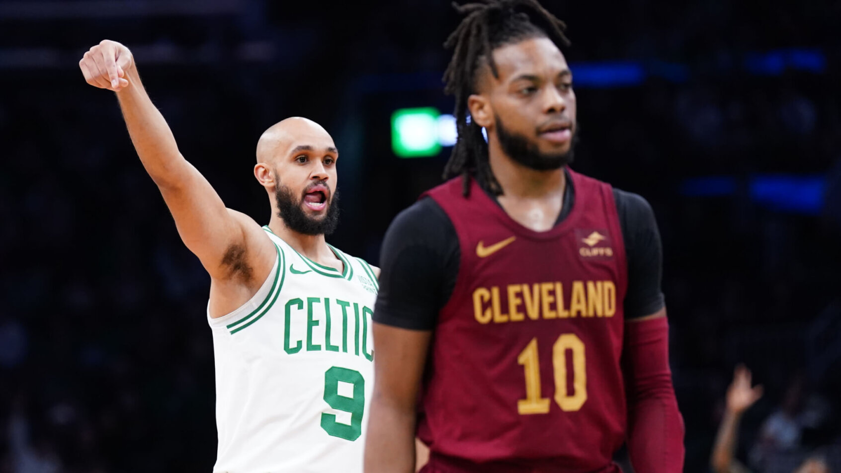 Boston Celtics guard Derrick White celebrates a three against the Cleveland Cavaliers