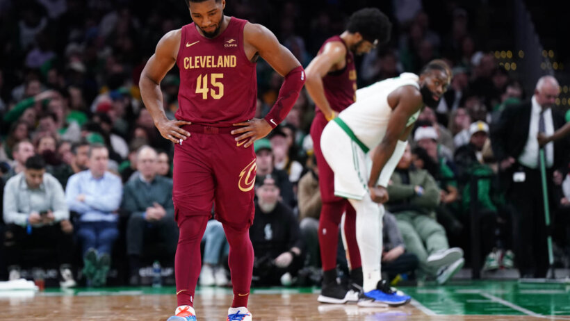 Cleveland Cavaliers guard Donovan Mitchell walking up the court