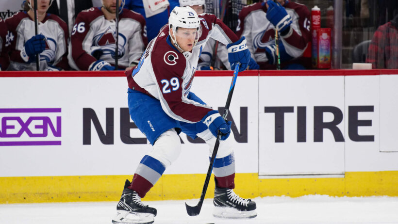 Colorado Avalanche forward Nathan MacKinnon skates against the Chicago Blackhawks