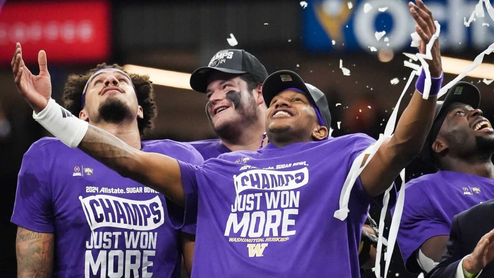 Washington Huskies quarterback Michael Penix Jr celebrates winning the Sugar Bowl