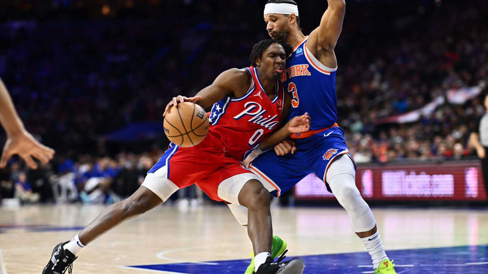 Philadelphia 76ers guard Tyrese Maxey drives against New York Knicks guard Josh Hart