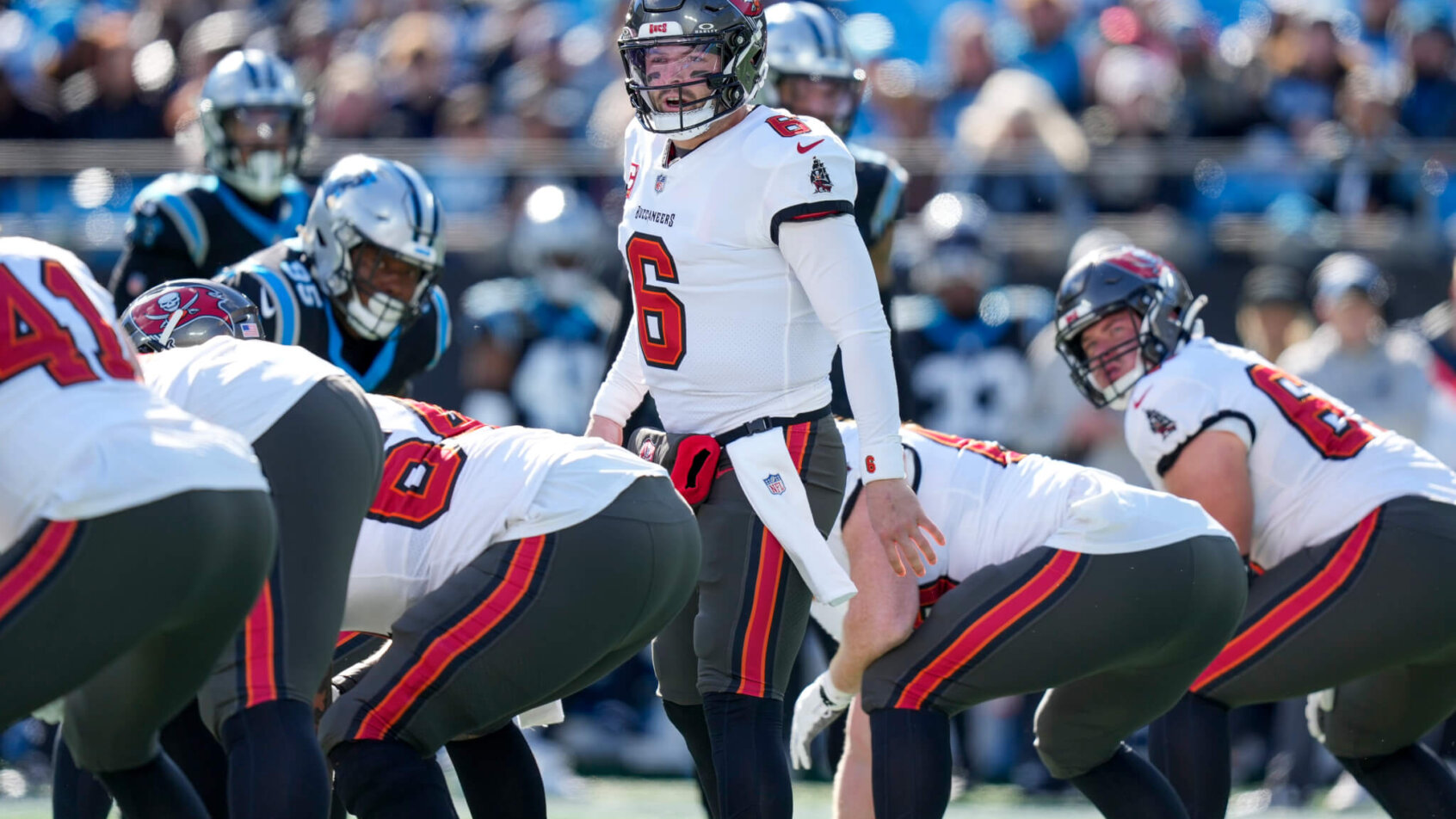Tampa Bay Buccaneers quarterback Baker Mayfield (6) calls out an audible