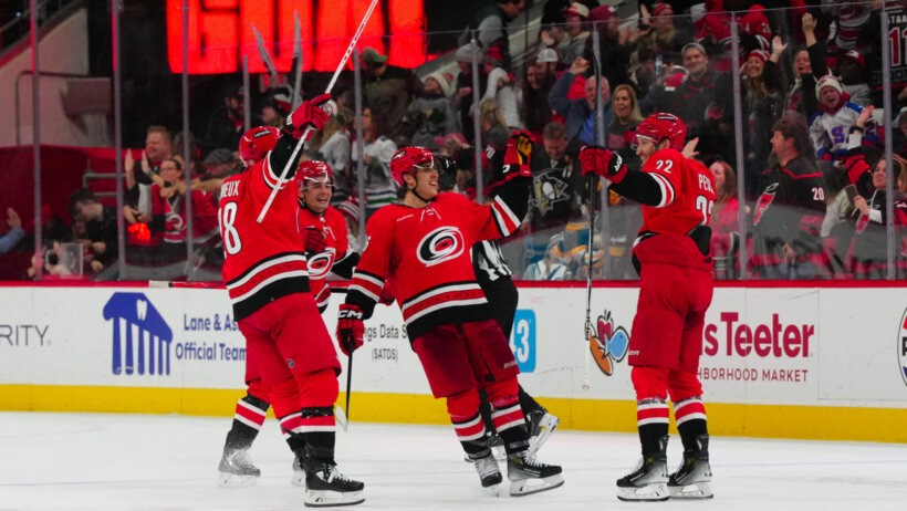 Carolina Hurricanes defenseman Brett Pesce celebrates his game winning overtime goal