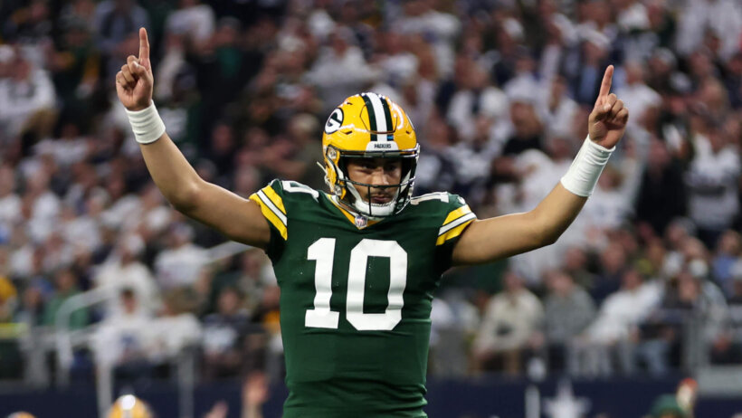 Green Bay Packers quarterback Jordan Love (10) reacts after a touchdown against the Dallas Cowboys