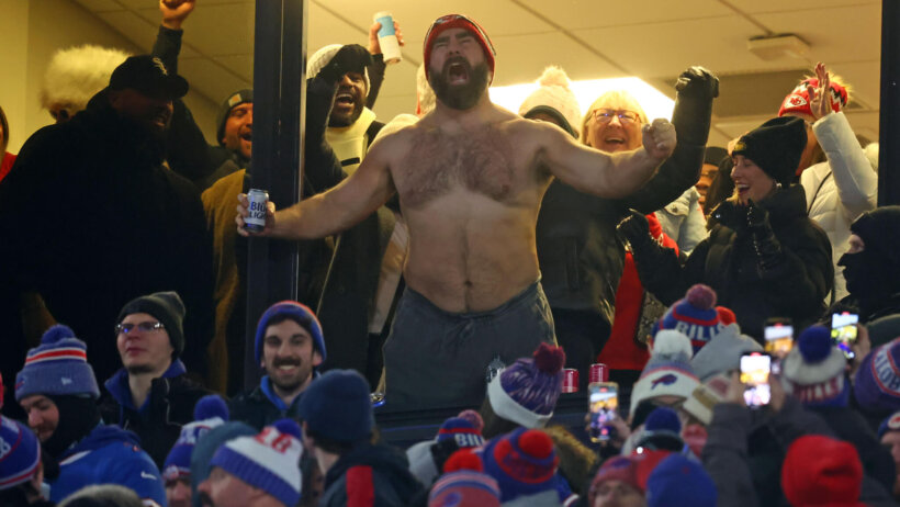 Jason Kelce reacts after the Kansas City Chiefs score against the Buffalo Bills