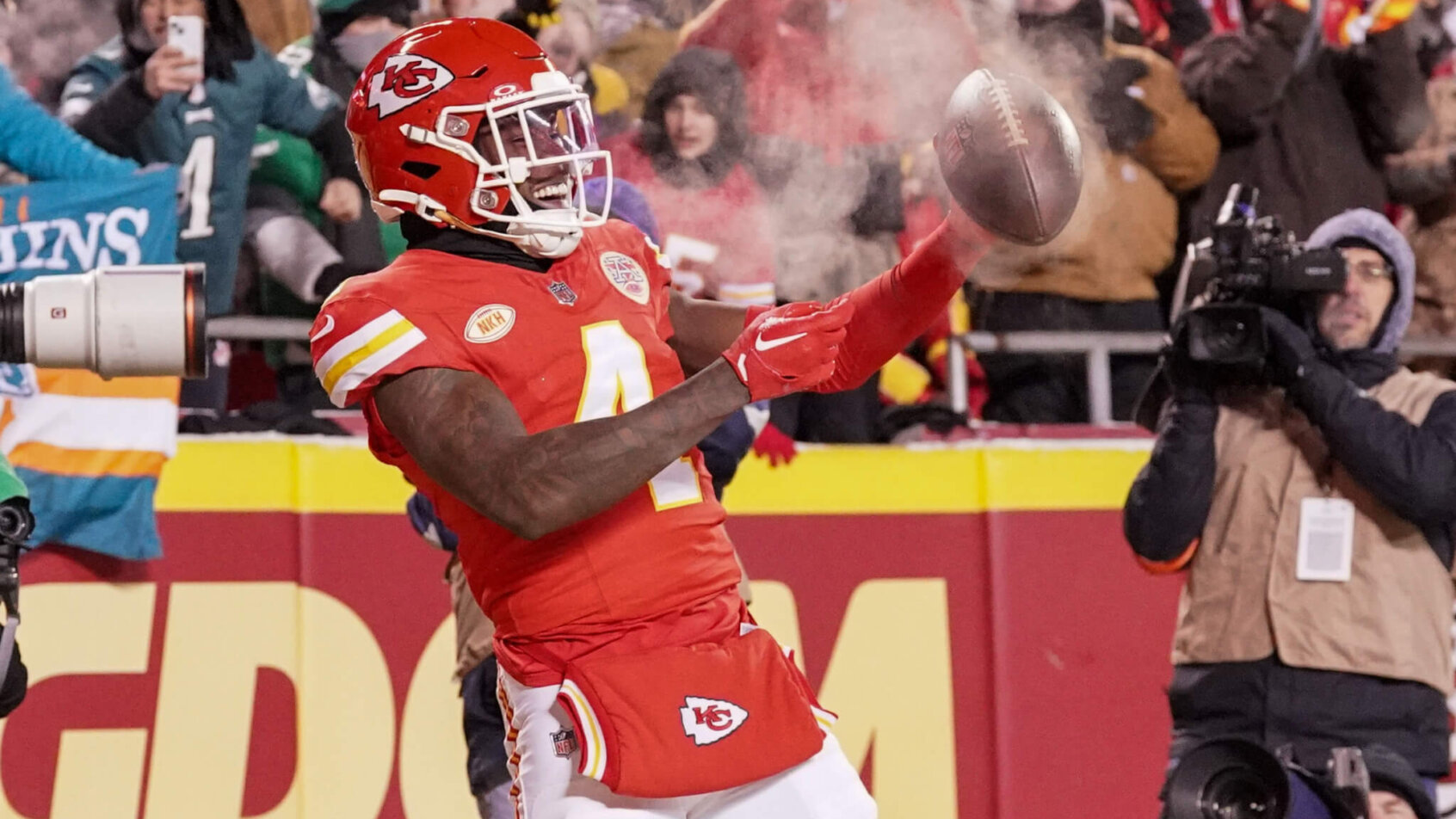 Kansas City Chiefs wide receiver Rashee Rice (4) celebrates after scoring against the Miami Dolphins