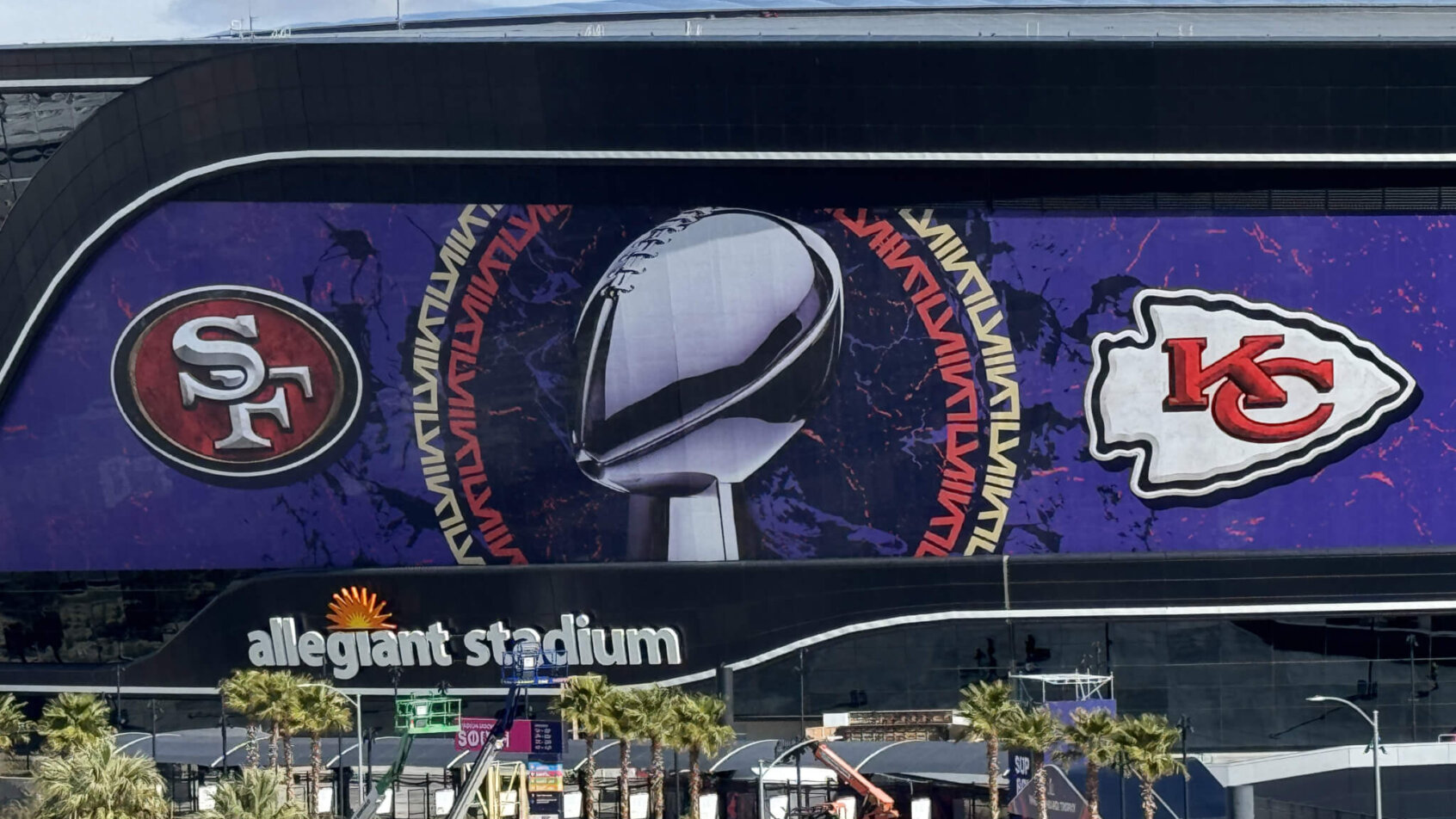 A general overall view of San Francisco 49ers and Kansas City Chiefs on the Allegiant Stadium facade.