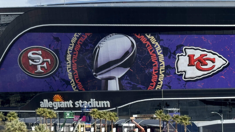 A general overall view of San Francisco 49ers and Kansas City Chiefs on the Allegiant Stadium facade.
