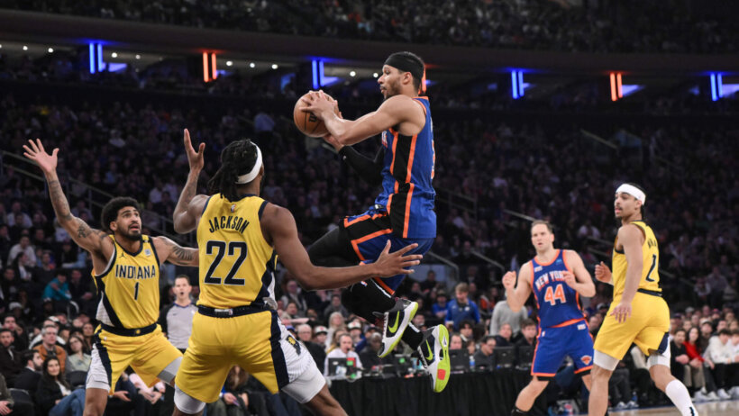 New York Knicks guard Josh Hart rises with the ball against the Indiana Pacers