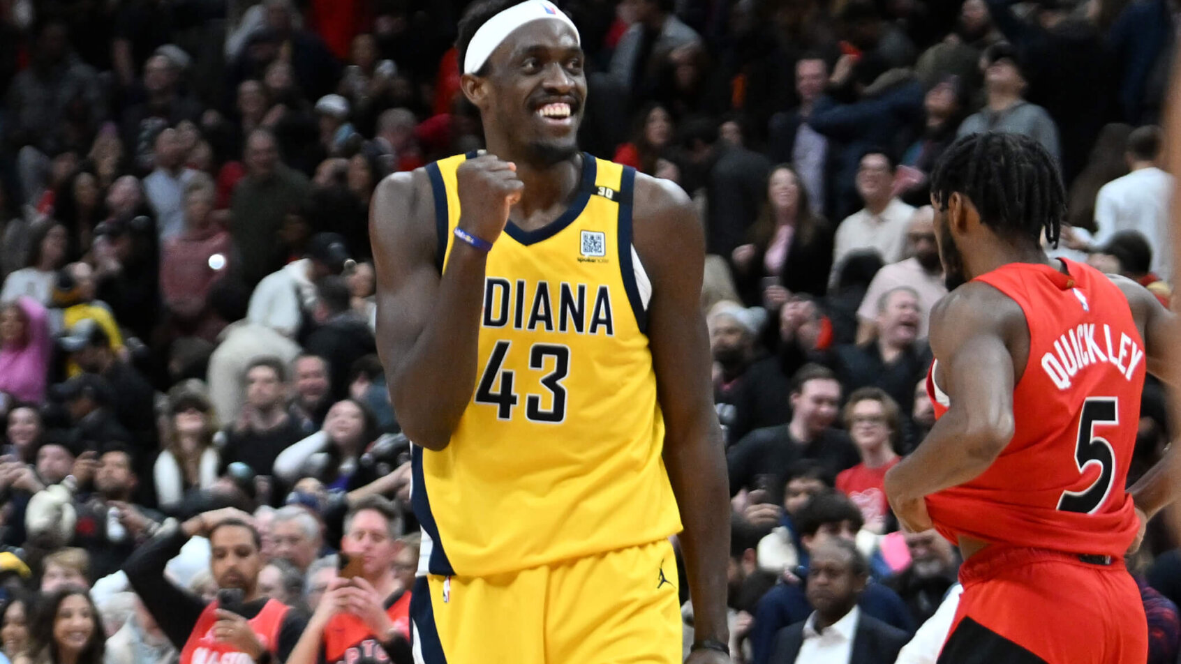 Indiana Pacers forward Pascal Siakam smiling on the court