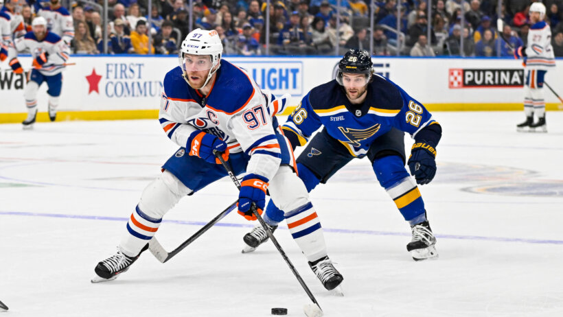 Edmonton Oilers center Connor McDavid controls the puck against the St. Louis Blues