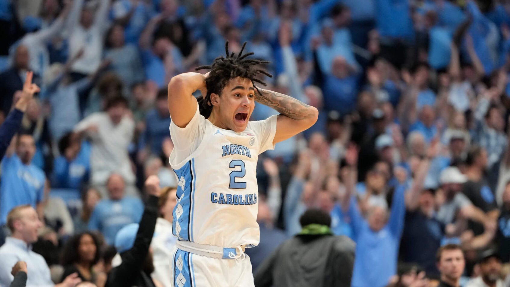 Elliot Cadeau, guard for the North Carolina Tar Heels basketball team, with a surprised reaction
