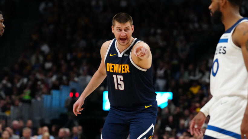 Denver Nuggets center Nikola Jokic pointing and yelling against the Minnesota Timberwolves