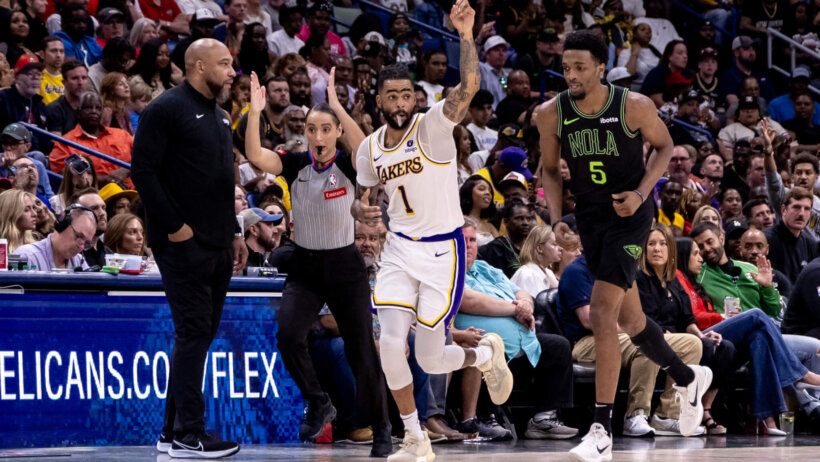 Los Angeles Lakers guard D'Angelo Russell celebrates a bucket against the New Orleans Pelicans