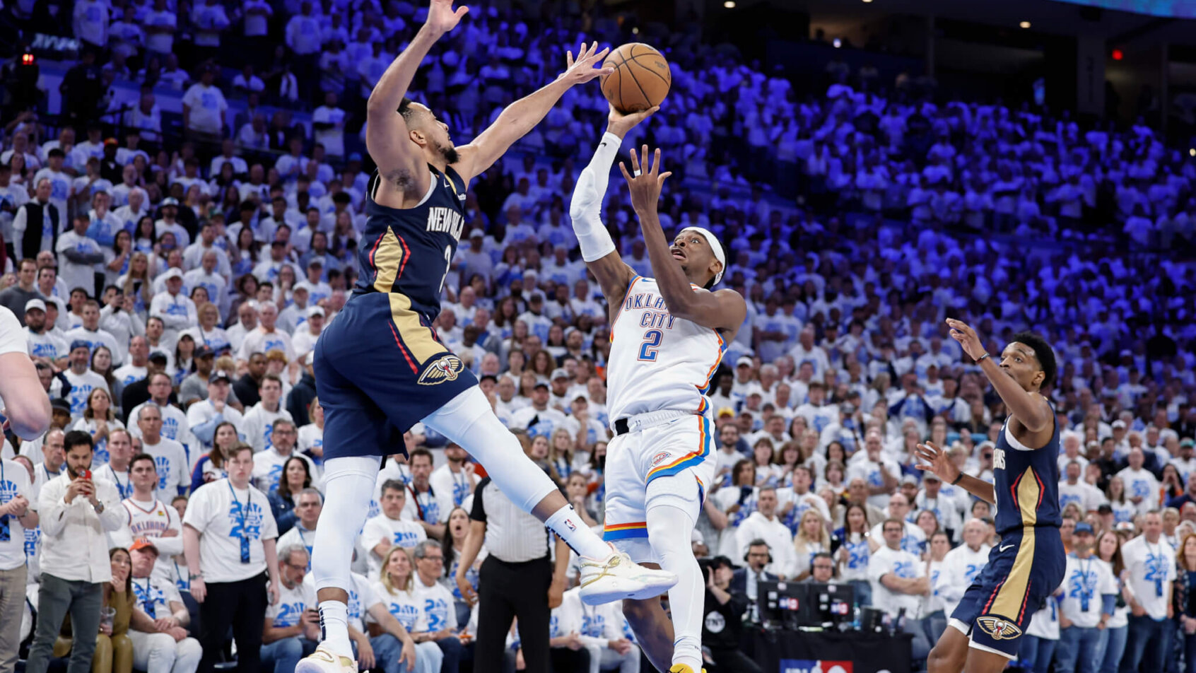 Oklahoma City Thunder guard Shai Gilgeous-Alexander shooting a fade-away against the New Orleans Pelicans