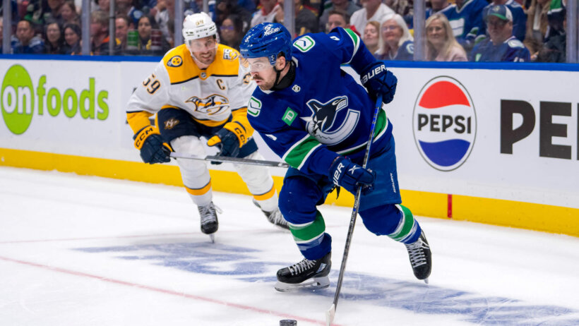 Nashville Predators defenseman Roman Josi watches Vancouver Canucks forward Conor Garland handle the puck in the third period in game one of the first round of the 2024 Stanley Cup Playoffs