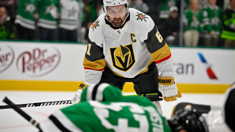 Vegas Golden Knights right wing Mark Stone waits for the faceoff against the Dallas Stars