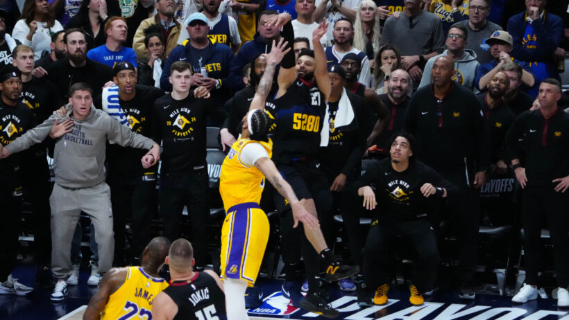 Denver Nuggets guard Jamal Murray hits a game-winner over Los Angeles Lakers forward Anthony Davis