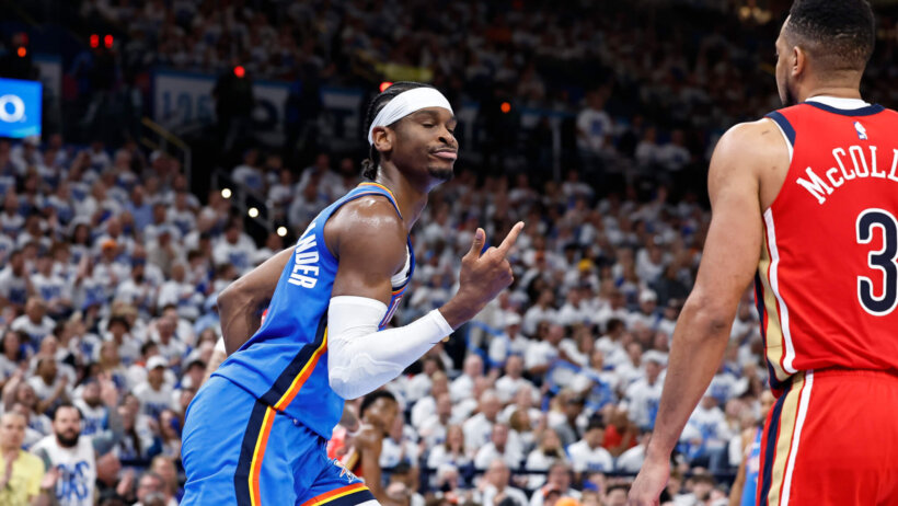 Oklahoma City Thunder guard Shai Gilgeous-Alexander reacts after scoring a basket