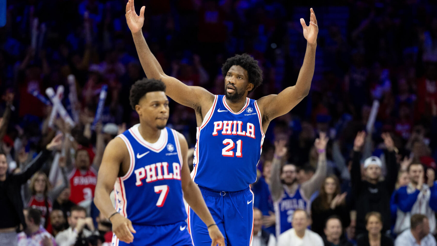 Philadelphia 76ers center Joel Embiid celebrates a basket