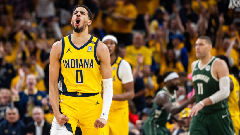 Indiana Pacers guard Tyrese Haliburton celebrates after hitting a three