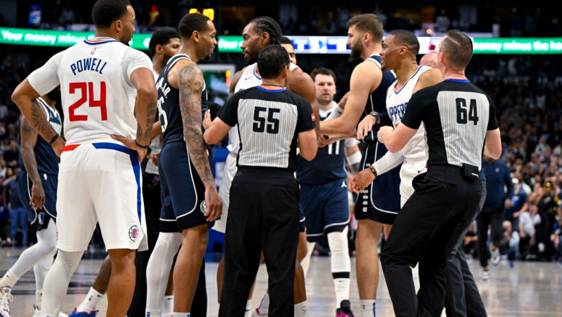 LA Clippers and Dallas Mavericks players in each other's faces