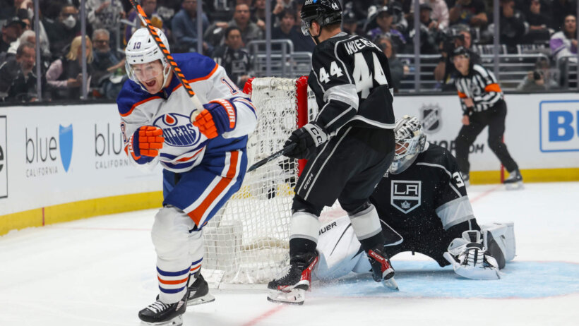Edmonton Oilers left wing Zach Hyman celebrates after scoring a goal vs LA Kings