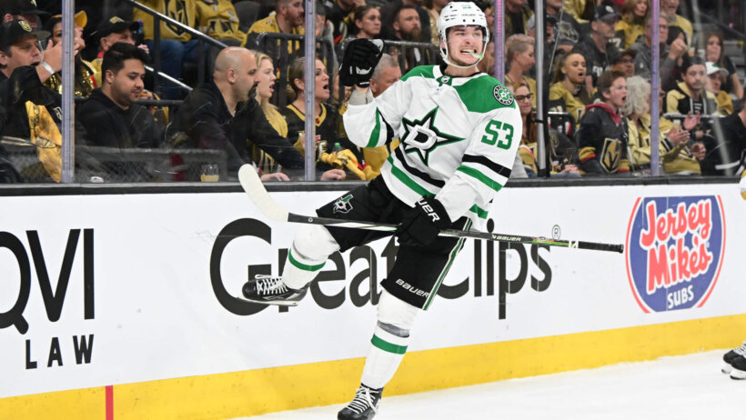 Dallas Stars center Wyatt Johnston celebrates his overtime goal against the Vegas Golden Knights