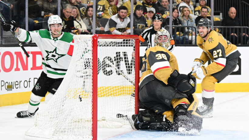 Dallas Stars center Wyatt Johnston celebrates scoring an OT winner against the Vegas Golden Knights