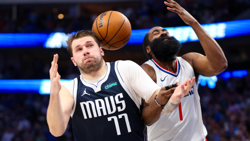 Dallas Mavericks guard Luka Doncic and LA Clippers guard James Harden battles for the ball during game four of the first round for the 2024 NBA playoffs at American Airlines Center