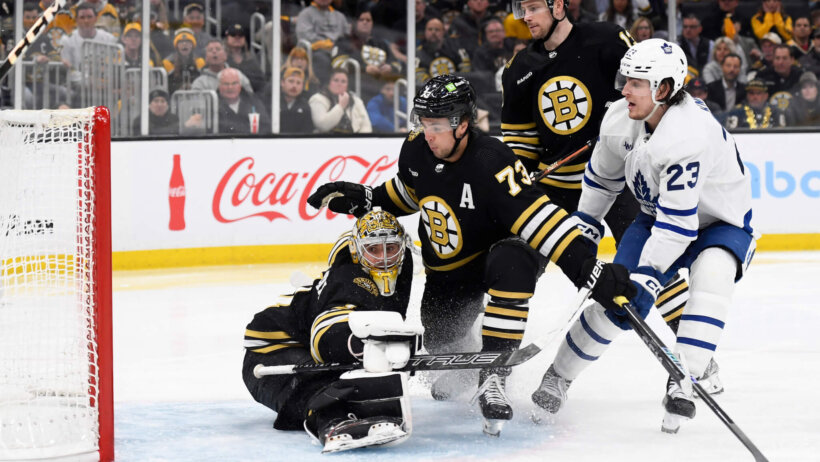 Toronto Maple Leafs left wing Matthew Knies scores the game winning goal past Boston Bruins goaltender Jeremy Swayman