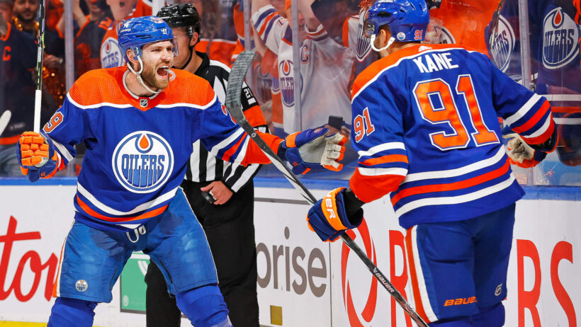 The Edmonton Oilers celebrate a goal scored by forward Evander Kane