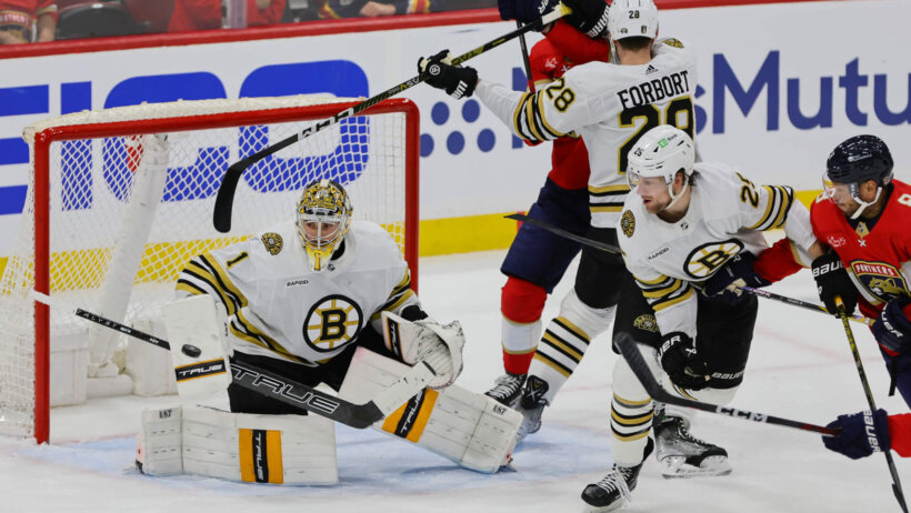 Bruins goaltender Jeremy Swayman makes a save against the Florida Panthers