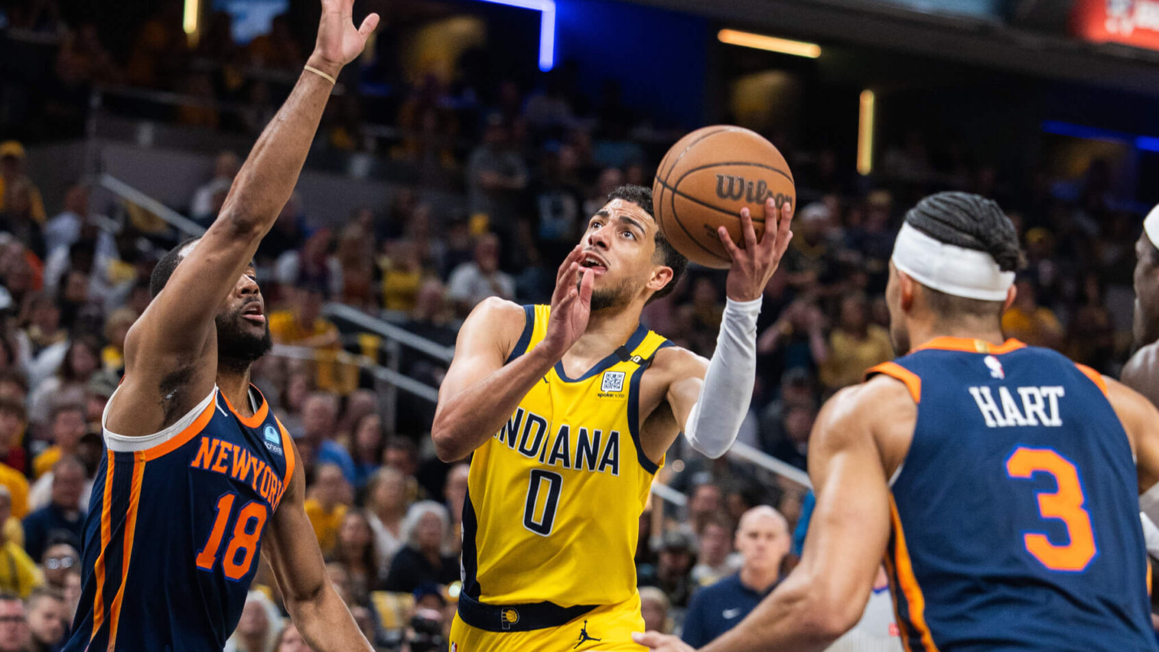 Indiana Pacers guard Tyrese Haliburton goes for a layup against the New York Knicks
