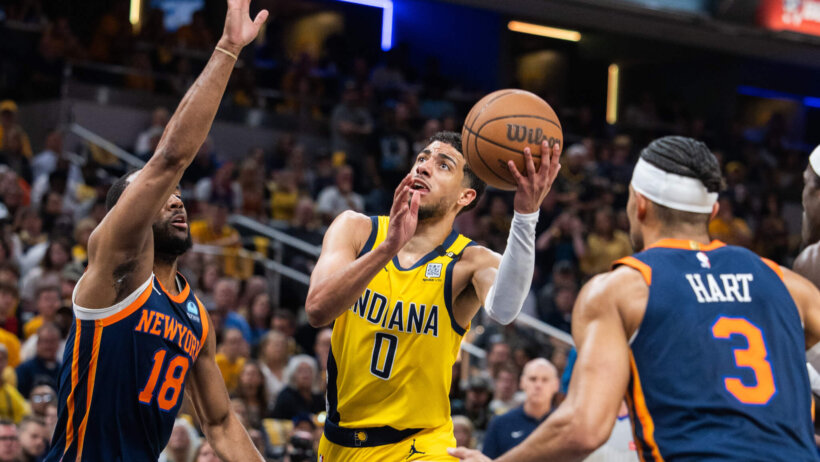 Indiana Pacers guard Tyrese Haliburton goes for a layup against the New York Knicks
