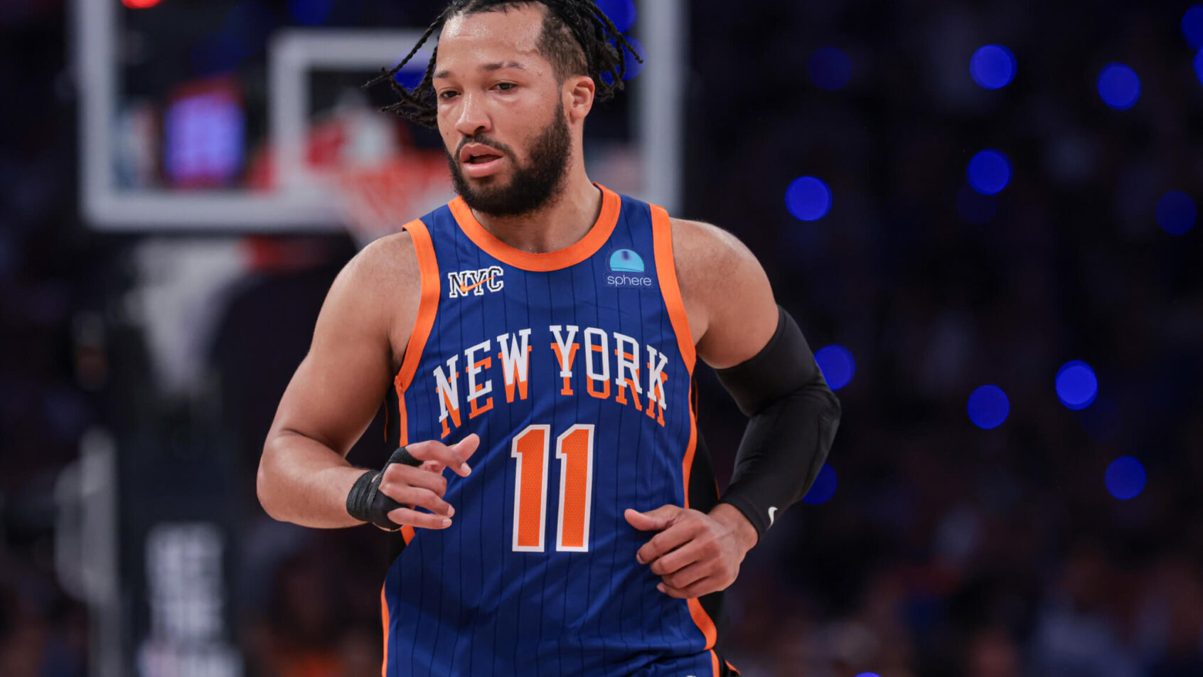 New York Knicks guard Jalen Brunson runs up court after a basket against the Indiana Pacers