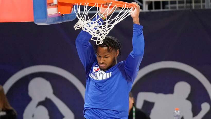 Bronny James dunking at the 2024 NBA Draft Combine