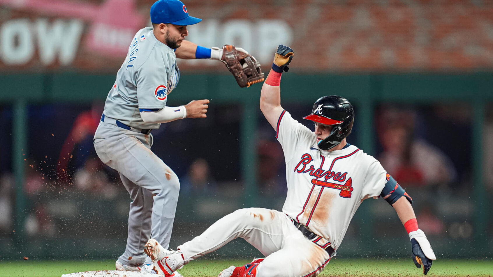 Atlanta Braves third baseman Zack Short sliding into second base against the Chicago Cubs