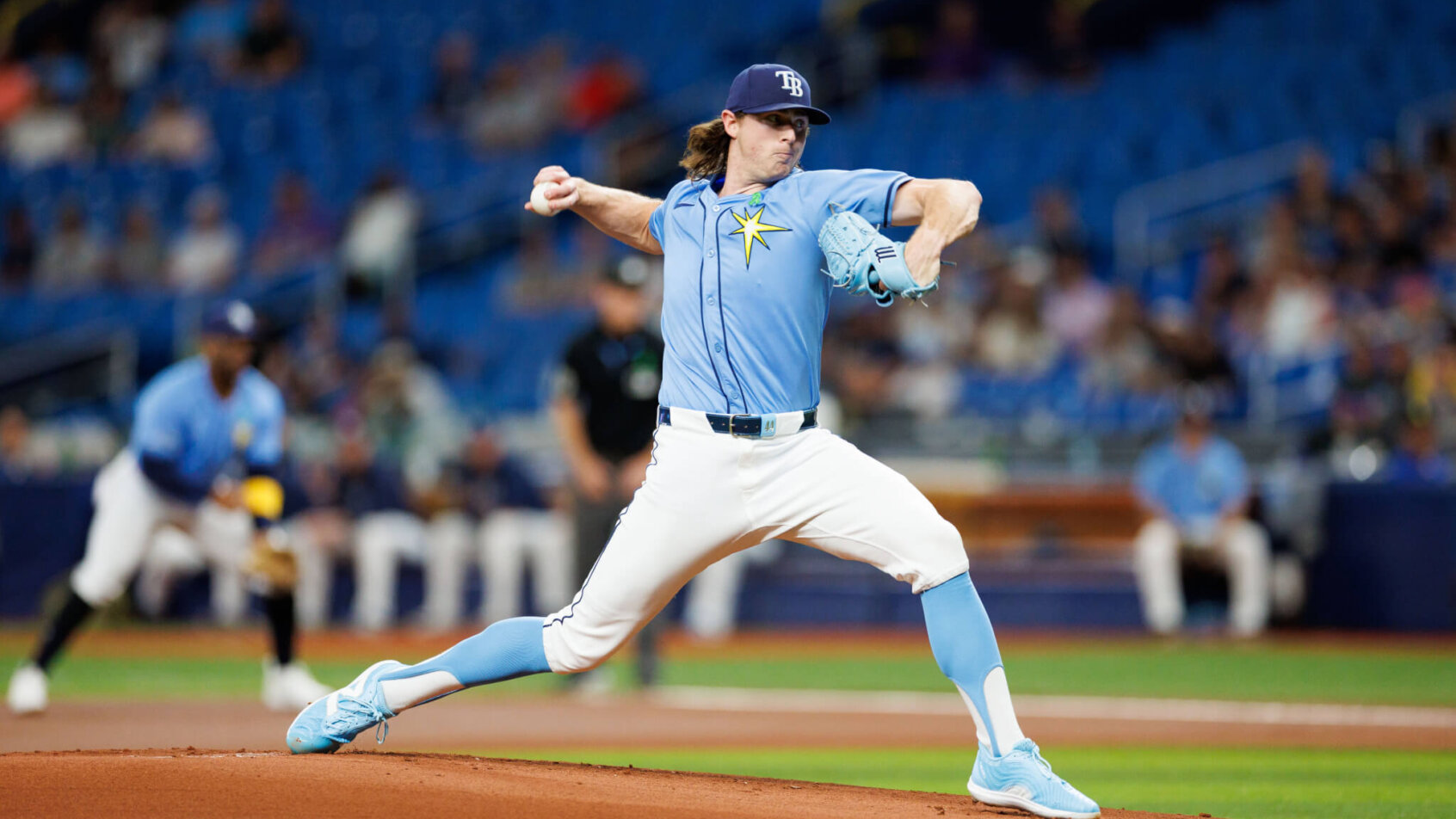 Ryan Pepiot of the Tampa Bay Rays fires a pitch to the plate during a game against the Boston Red Sox.