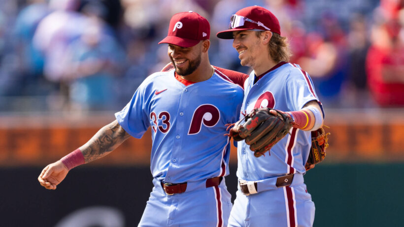 Phillies' Edmundo Sosa and Bryson Stott following a win.