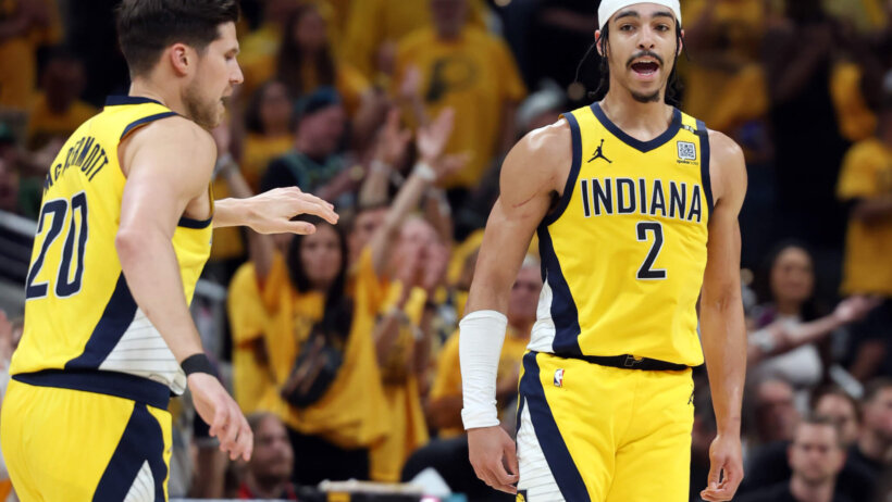 Indiana Pacers guard Andrew Nembhard reacts after scoring a basket
