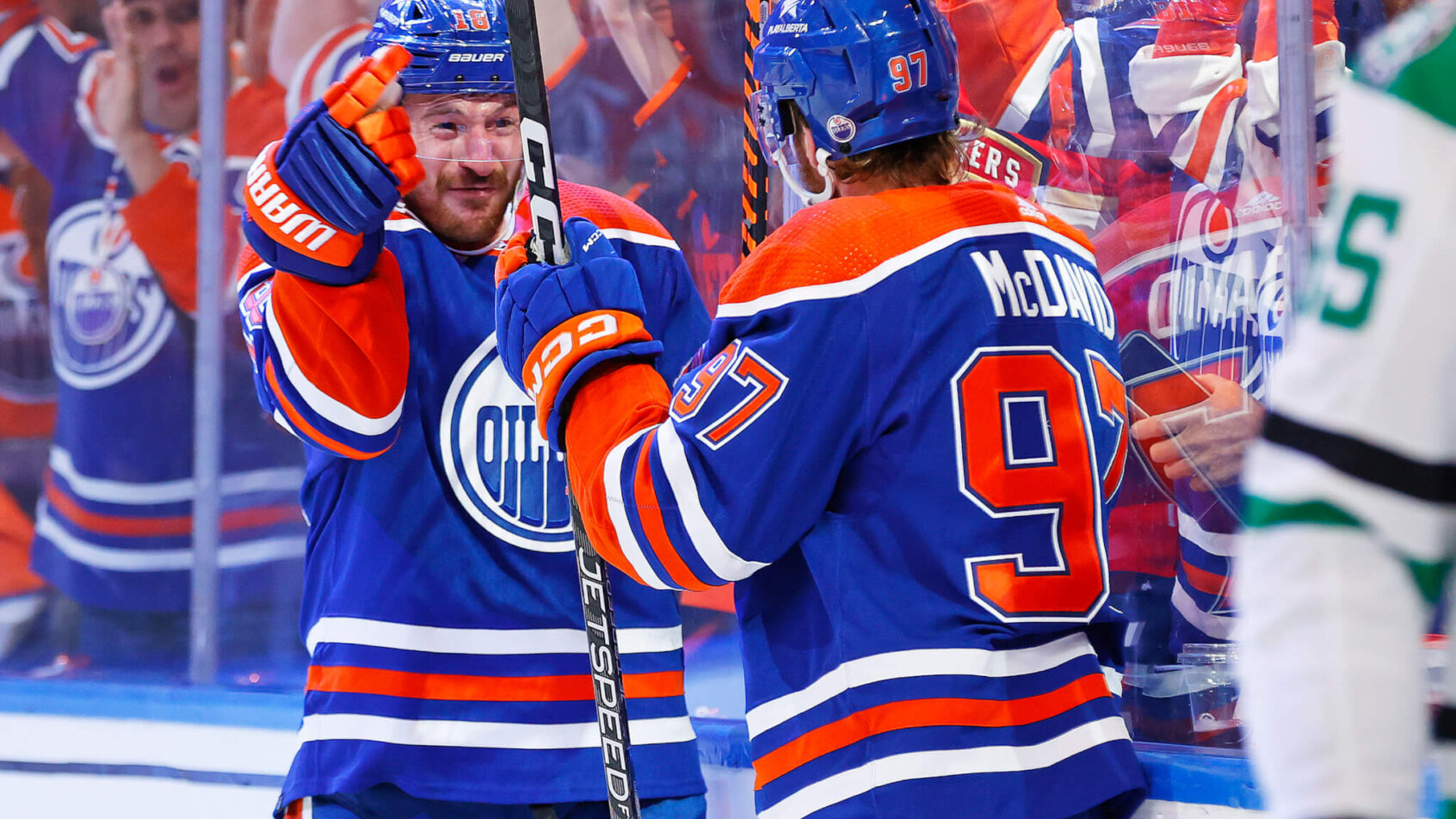 The Edmonton Oilers celebrate a goal scored by forward Zach Hyman
