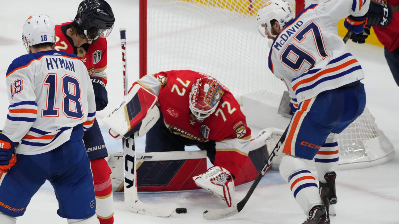 Edmonton Oilers forward Connor McDavid tries to score on Florida Panthers goaltender Sergei Bobrovsky